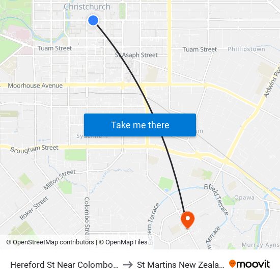 Hereford St Near Colombo St to St Martins New Zealand map