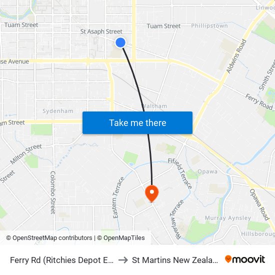 Ferry Rd (Ritchies Depot Eb) to St Martins New Zealand map