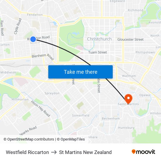 Westfield Riccarton to St Martins New Zealand map