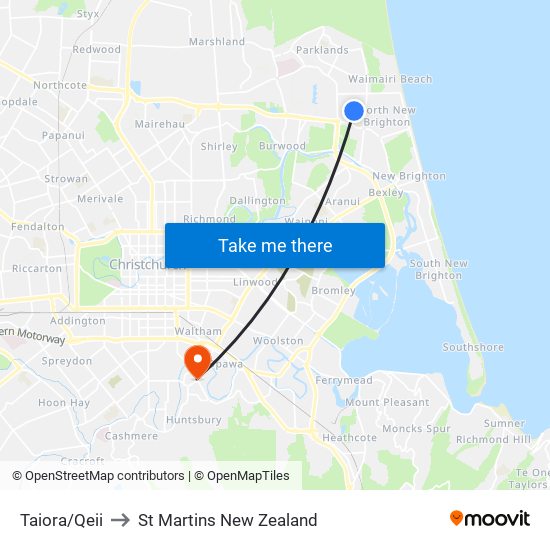 Taiora/Qeii to St Martins New Zealand map