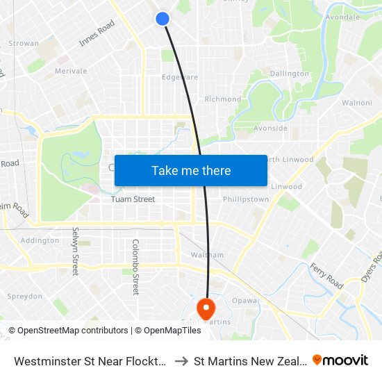 Westminster St Near Flockton St to St Martins New Zealand map