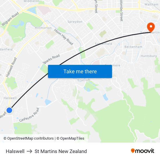 Halswell to St Martins New Zealand map