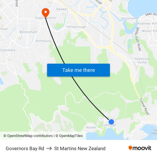 Governors Bay Rd to St Martins New Zealand map