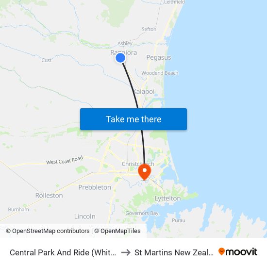Central Park And Ride (White St) to St Martins New Zealand map