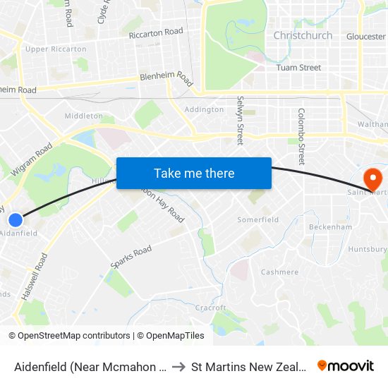 Aidenfield (Near Mcmahon Dr) to St Martins New Zealand map