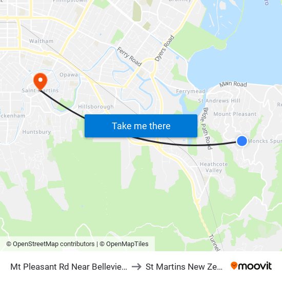 Mt Pleasant Rd Near Belleview Tce to St Martins New Zealand map