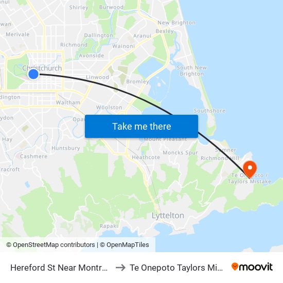 Hereford St Near Montreal St to Te Onepoto Taylors Mistake map