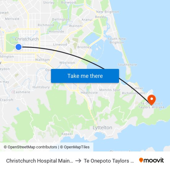 Christchurch Hospital Main Stop Eb to Te Onepoto Taylors Mistake map