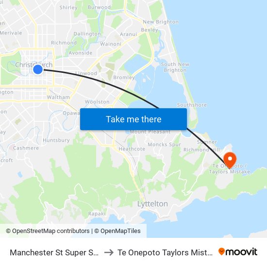 Manchester St Super Stop to Te Onepoto Taylors Mistake map