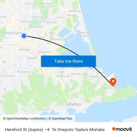 Hereford St (Aspire) to Te Onepoto Taylors Mistake map