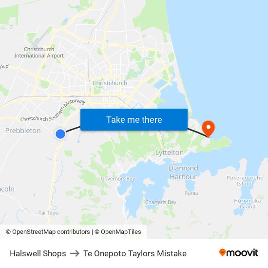 Halswell Shops to Te Onepoto Taylors Mistake map