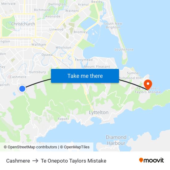 Cashmere to Te Onepoto Taylors Mistake map