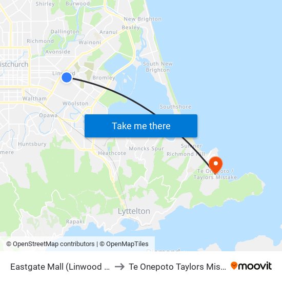 Eastgate Mall (Linwood Ave) to Te Onepoto Taylors Mistake map