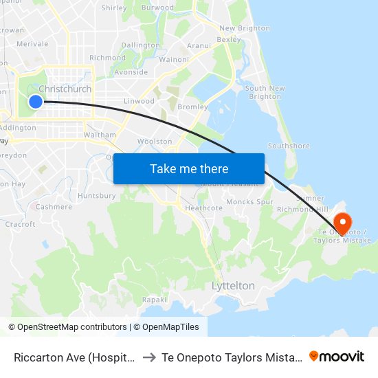 Riccarton Ave (Hospital) to Te Onepoto Taylors Mistake map