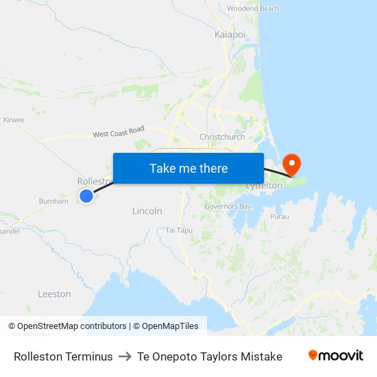 Rolleston Terminus to Te Onepoto Taylors Mistake map