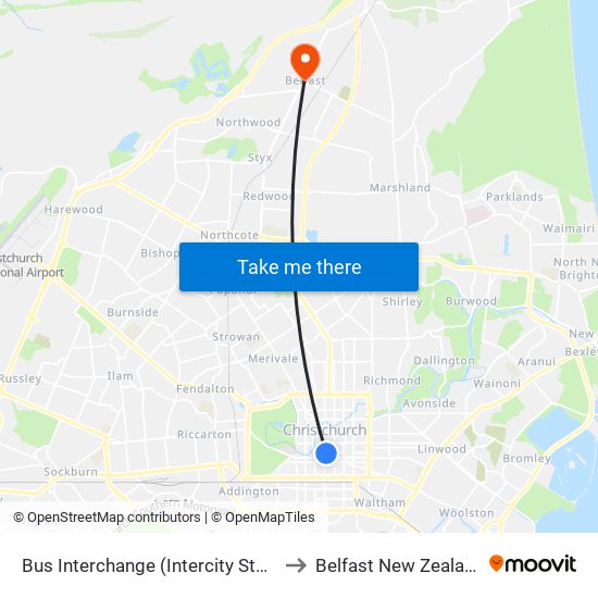 Bus Interchange (Intercity Stop) to Belfast New Zealand map