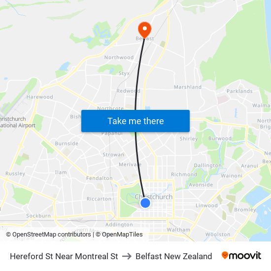 Hereford St Near Montreal St to Belfast New Zealand map