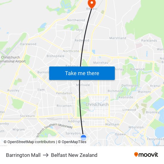 Barrington Mall to Belfast New Zealand map