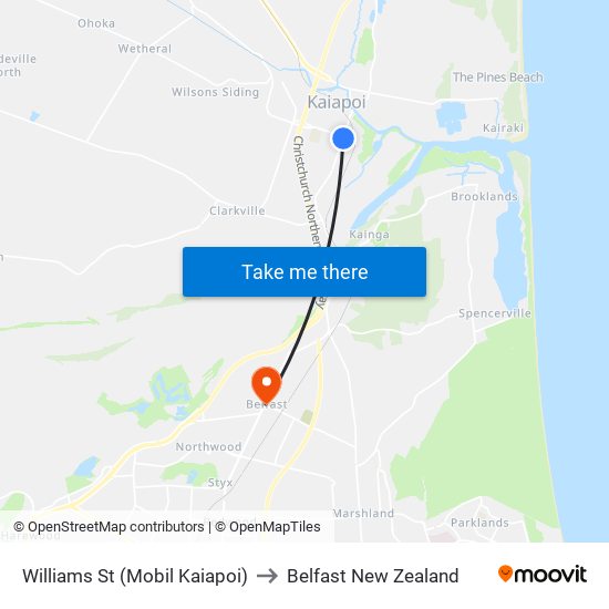 Williams St (Mobil Kaiapoi) to Belfast New Zealand map