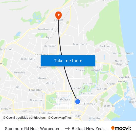 Stanmore Rd Near Worcester St to Belfast New Zealand map