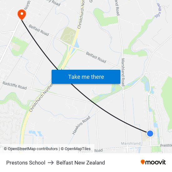 Prestons School to Belfast New Zealand map