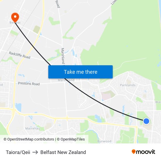 Taiora/Qeii to Belfast New Zealand map