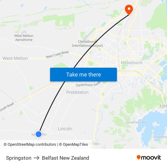 Springston to Belfast New Zealand map