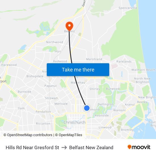 Hills Rd Near Gresford St to Belfast New Zealand map