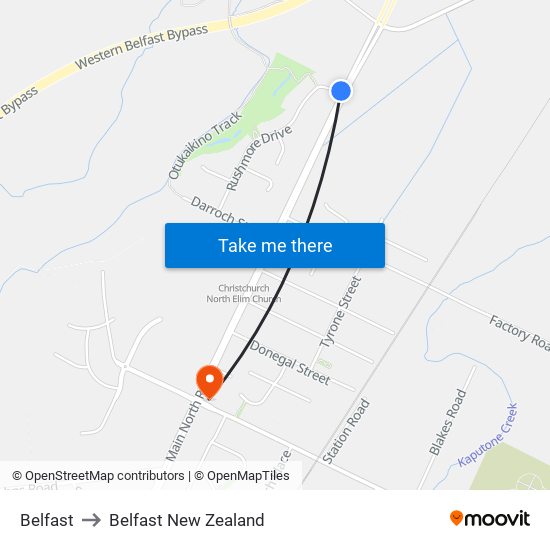 Belfast to Belfast New Zealand map