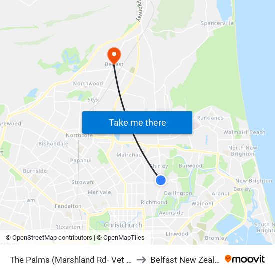 The Palms (Marshland Rd- Vet Side) to Belfast New Zealand map