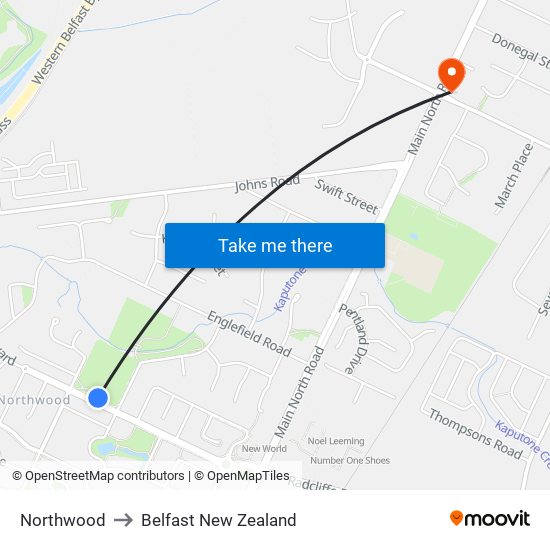 Northwood to Belfast New Zealand map