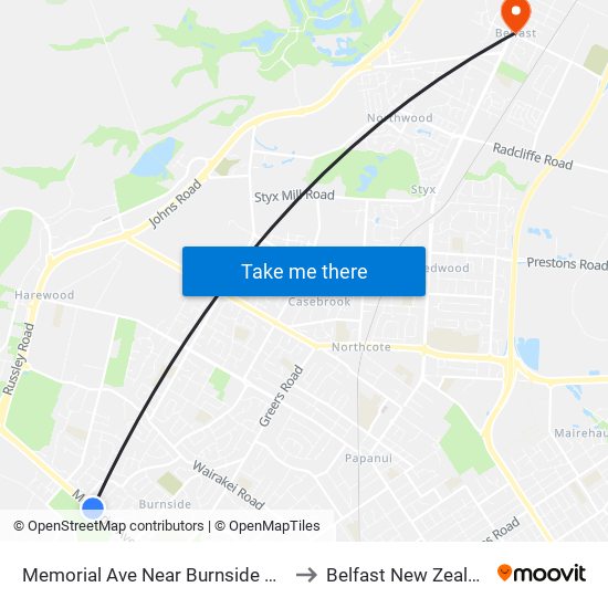 Memorial Ave Near Burnside Park to Belfast New Zealand map