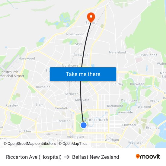 Riccarton Ave (Hospital) to Belfast New Zealand map