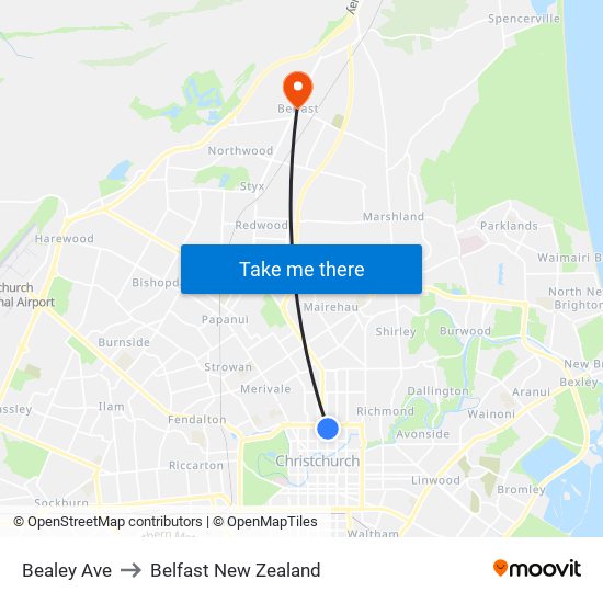 Bealey Ave to Belfast New Zealand map