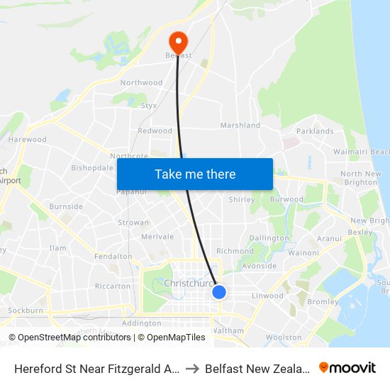 Hereford St Near Fitzgerald Ave to Belfast New Zealand map