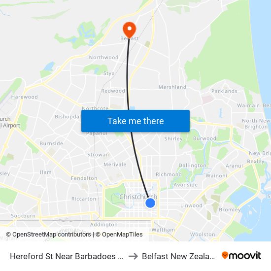 Hereford St Near Barbadoes St to Belfast New Zealand map