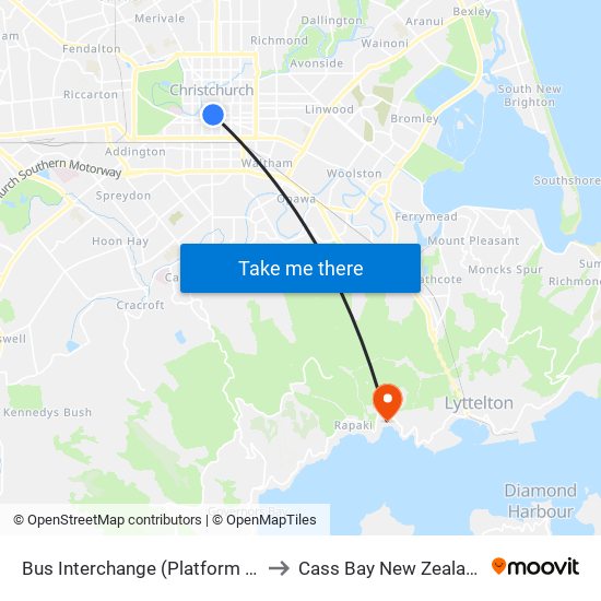 Bus Interchange (Platform B) to Cass Bay New Zealand map