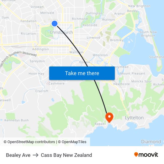 Bealey Ave to Cass Bay New Zealand map