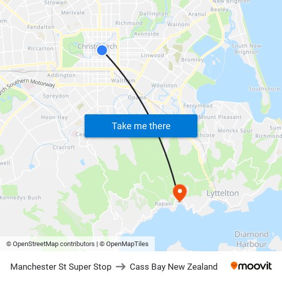 Manchester St Super Stop to Cass Bay New Zealand map