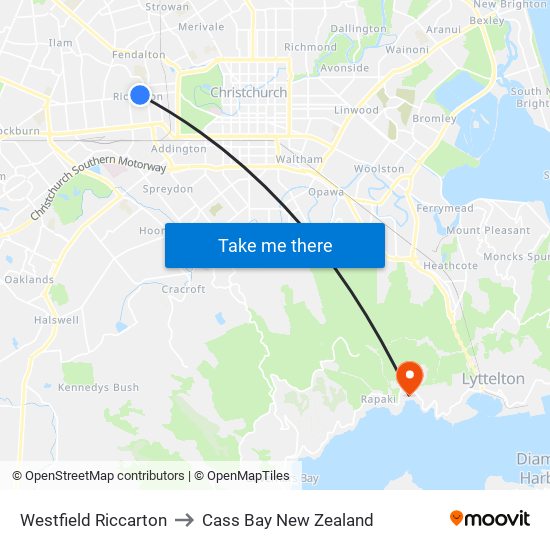 Westfield Riccarton to Cass Bay New Zealand map