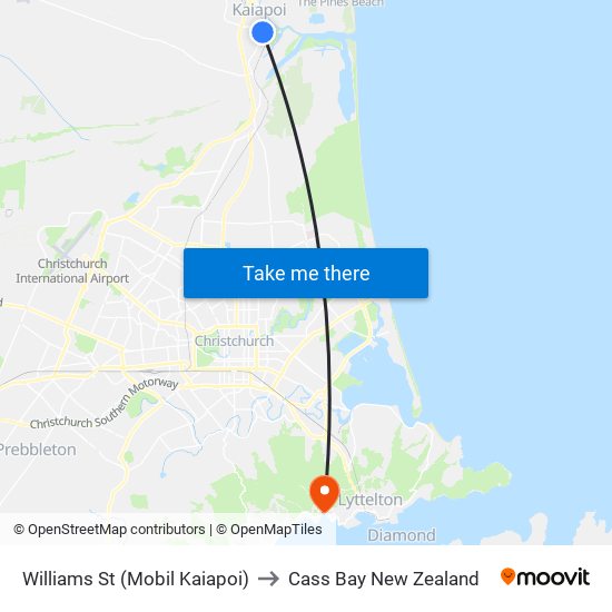 Williams St (Mobil Kaiapoi) to Cass Bay New Zealand map