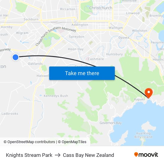 Knights Stream Park to Cass Bay New Zealand map