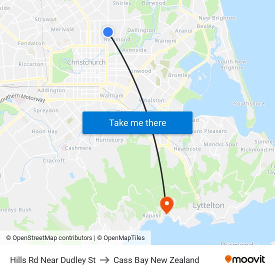 Hills Rd Near Dudley St to Cass Bay New Zealand map