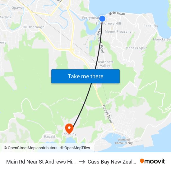 Main Rd Near St Andrews Hill Rd to Cass Bay New Zealand map