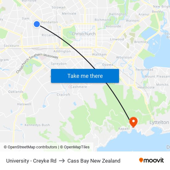 University - Creyke Rd to Cass Bay New Zealand map