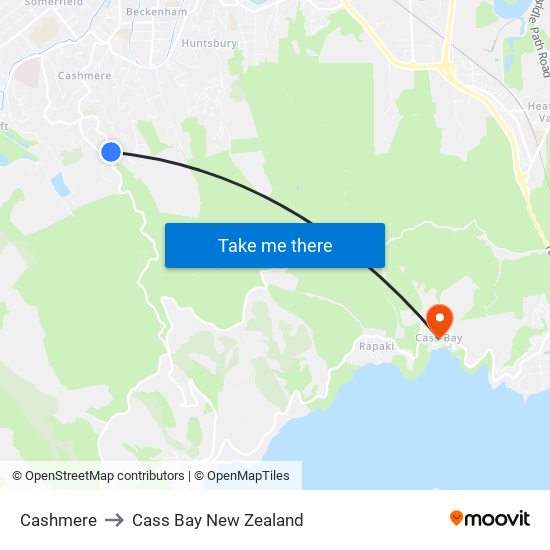 Cashmere to Cass Bay New Zealand map