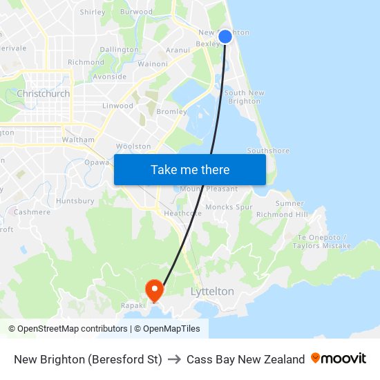 New Brighton (Beresford St) to Cass Bay New Zealand map