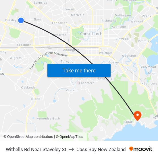 Withells Rd Near Staveley St to Cass Bay New Zealand map