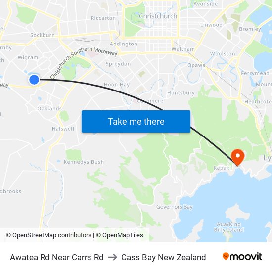 Awatea Rd Near Carrs Rd to Cass Bay New Zealand map