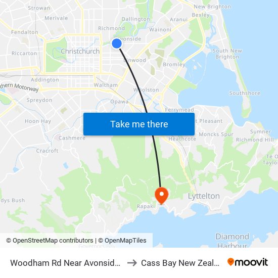 Woodham Rd Near Avonside Dr to Cass Bay New Zealand map